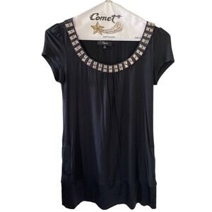 Express Women's Jeweled Crew Neck Black T-Shirt Dress S,  Pockets Satin Trim
